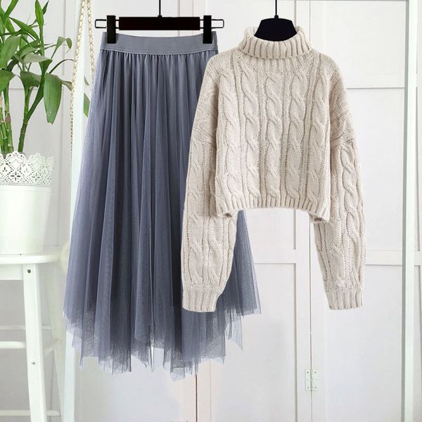 

female fashion ensemble nightgown 2021 autumn and winter new temperament high-knit turtleneck skirt two suit parts zguj, Black;gray
