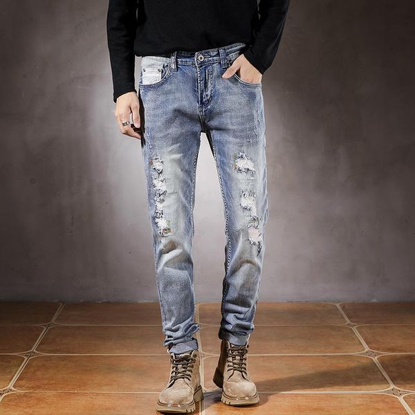 

men's jeans hip hop men light blue elasticity slim straight ripped pants distressed trousers for man streetwear patchwork frayed