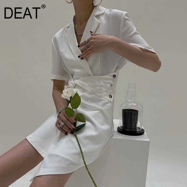 

[deat] summer fashion v-neck short sleeve solid color irregular fake two temperament mini dress women 13q173 210527, Black;gray
