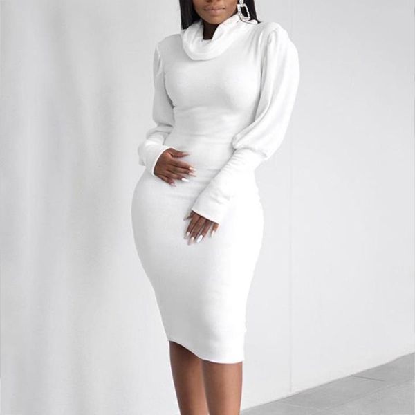 

2021 spring solid color women dress fashion bodycon club party midi dress autumn lantern sleeve turtleneck white ladies, Black;gray
