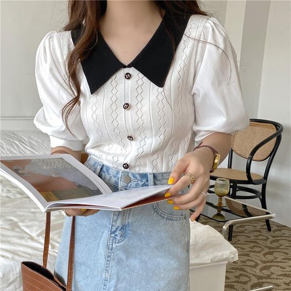 

women's blouses & shirts hollow out knitted blouse women cute lapel fashion puff short sleeve patchwork knit crop temperament contrast, White