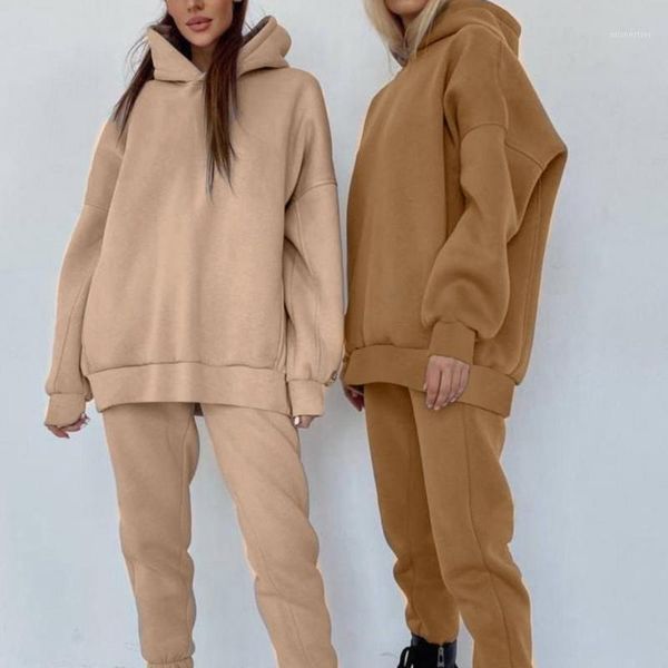 

women's two piece pants tracksuit pant sets solid color hoodie suit warm skin-friendly casual long sleeve, White