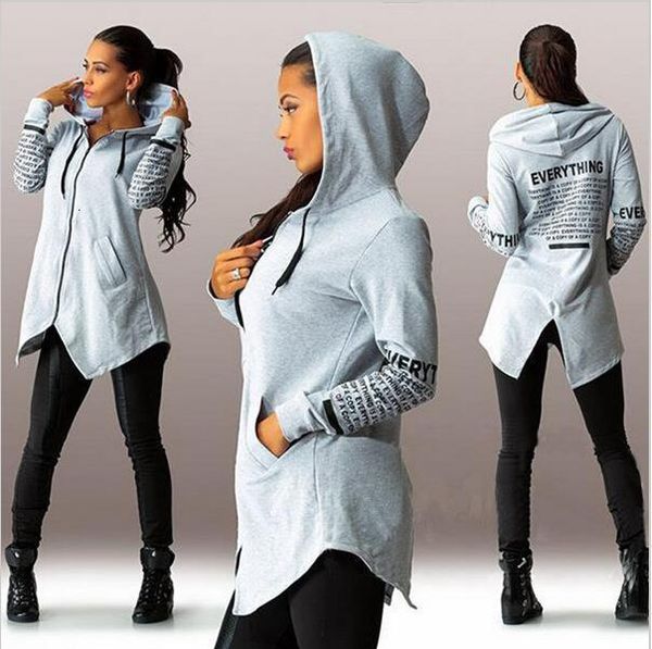 

womens female printed autumn winter sweatshirts hoodies female cotton casual broadcloth long zip-up hooded letter print, Black