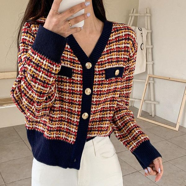 

women's knits & tees plaid knitted sweater women vintage red knitwear casual loose long sleeve single breasted jumpers korean cardigan, White