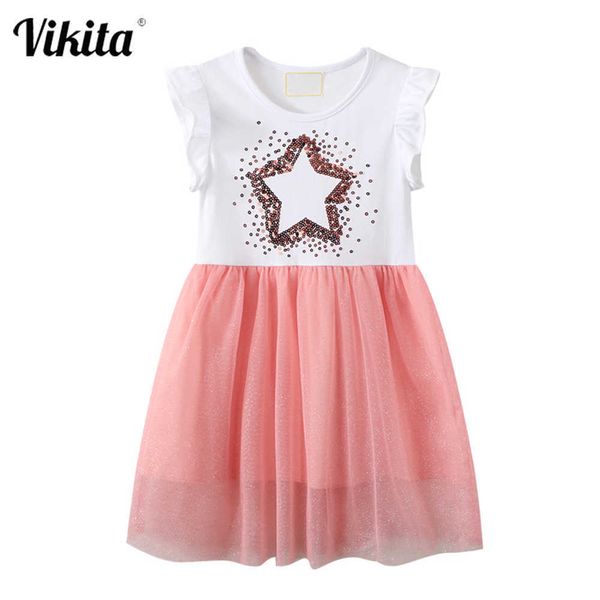 Vikita Kids Filare Dreeve Dress Children Bids Star Abiti eleganti con paillettes Toddlers Cotton Mesh Voile Patchwork Dress Abito per bambini Q0716