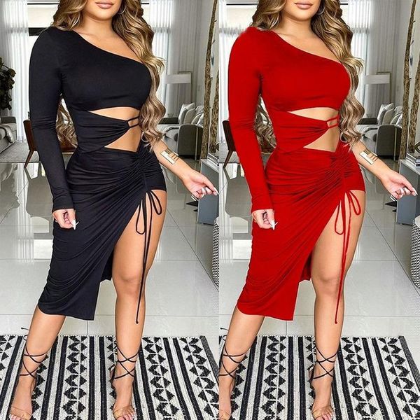 

casual dresses donsignet women dress autumn one shoulder long sleeve hollow out pleated irregular vestido feminino, Black;gray