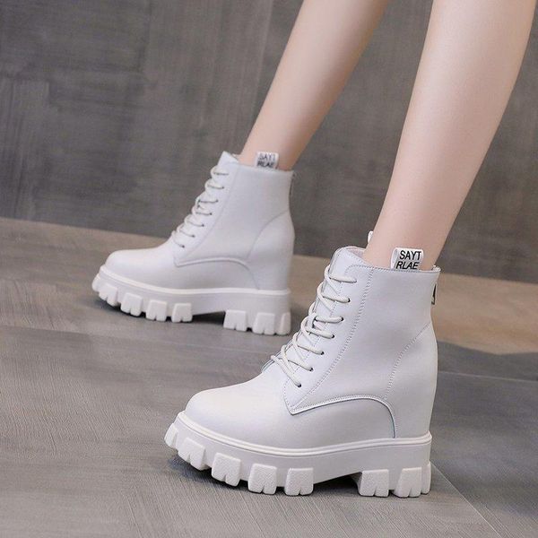 

boots women's platform autumn fashion thick bottom breathable short 9cm heels round toe lace up winter causal ankle, Black