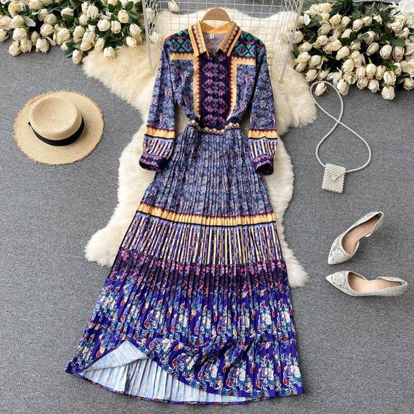 

casual dresses floral printted long maxi dress for women autumn pleated robe longue slim retro blue shirt party vestidos, Black;gray