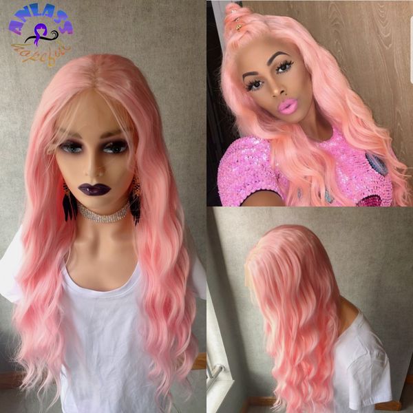 

13x3 pink color synthetic lace frontal wig middle part long water wave cosplay wigs for black / white women