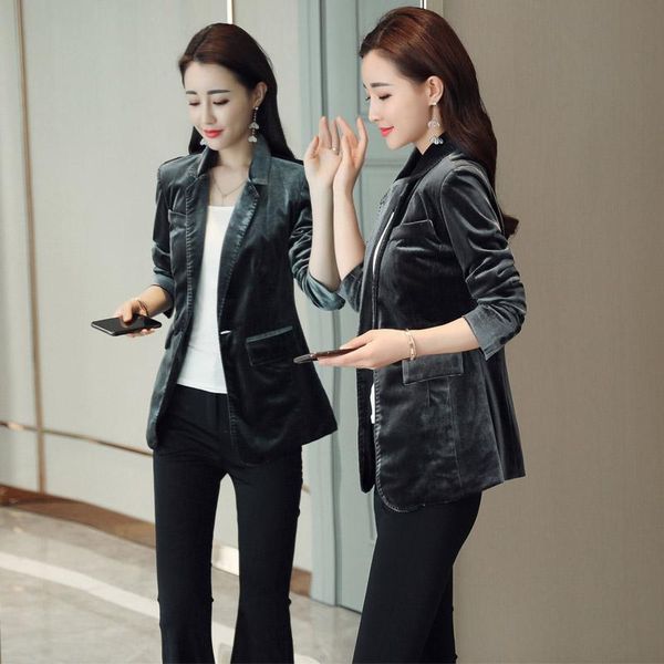 

women's suits & blazers fashion gold velvet blaiser feminino jaqueta spring autumn high end smoke gray blue slim suit jacket women blaz, White;black