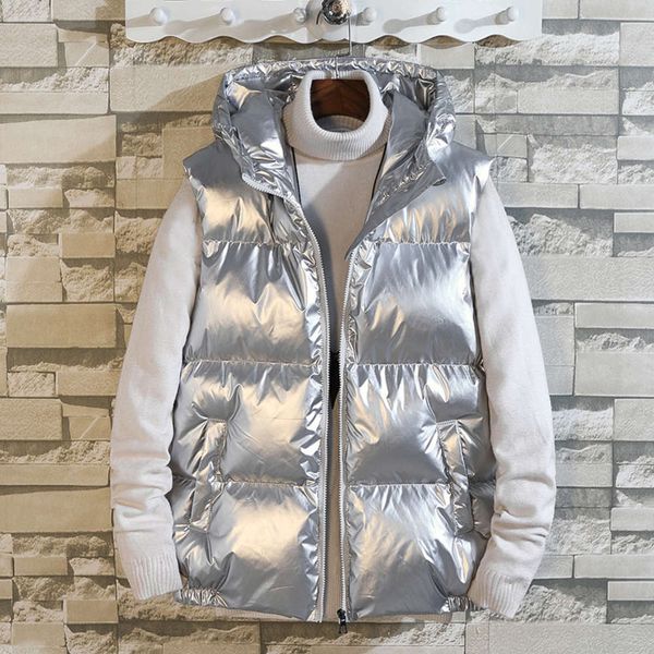 

down cotton men's winter thickened vest coat silver bright light hooded jacket, Black;brown