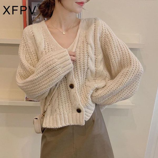 

women's knits & tees xfpv 2021 autumn winter arrivals y2k solid button long sleeve loose v neck female cardigan sweater women sm140, White
