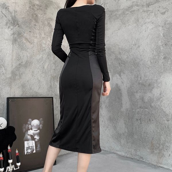 

vintage goth black slit dress gothic women high waist bodycon midi dress aesthetic elegant long sleeve party dress, Black;gray