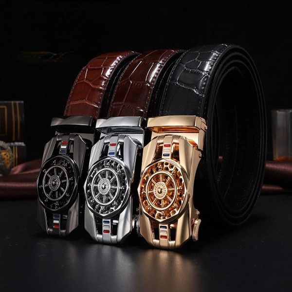

belts men genuine leather stone pattern business work automatic buckle for belt, Black;brown