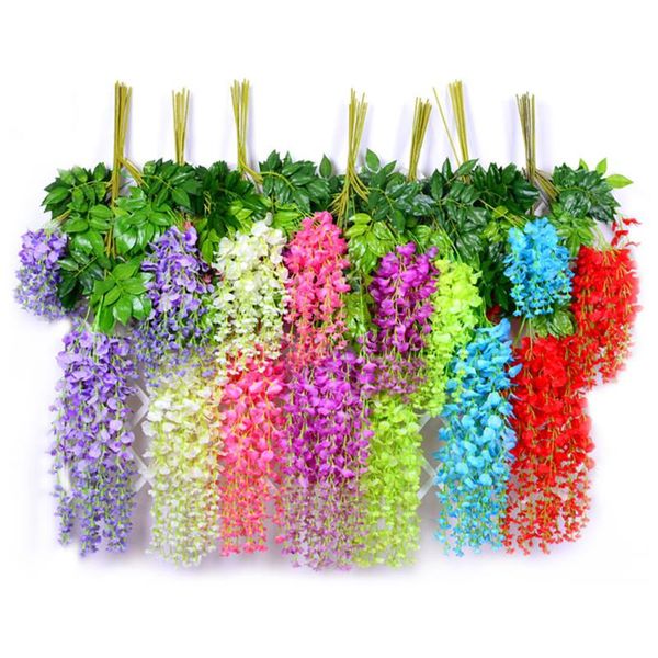 

new 12pcs/set artificial flowers silk wisteria vine hanging flower wall for wedding garden floral diy living room office decor