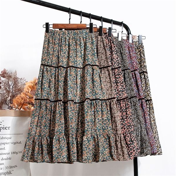 

korean style spring floral printing a-line long boho skirts elastic waist paragraph patchwork pleated skirts 210311, Black