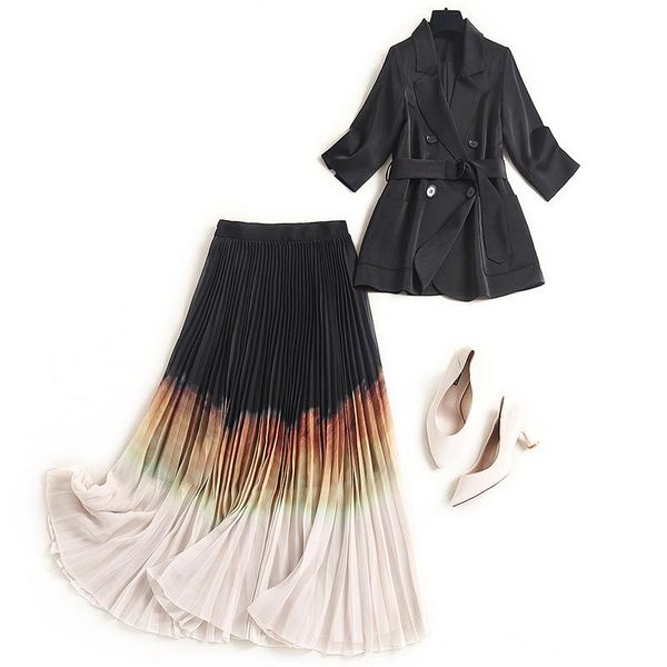 

two piece dress women office satin blazer pleated skirt set spring summer 2021 double breasted jacket and gradient long skirts outfits, White
