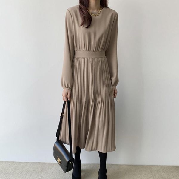 

women basic pleated chiffon dress elegant high waist long sleeve chic a-line female party dresses korea style spring dress, Black;gray