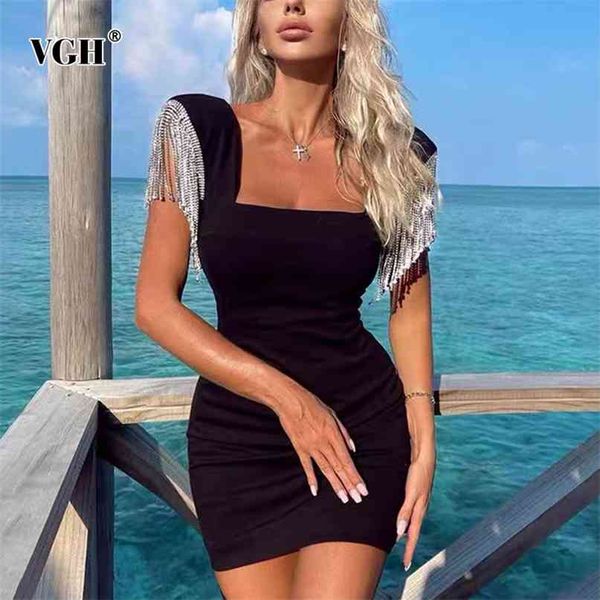 

black patchwork tassel dress for women square collar sleeveless high waist bodycon mini dresses female fashion 210531, Black;gray