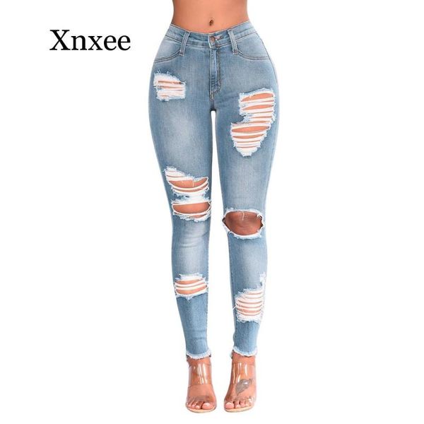 

women's jeans light blue women stretch hole ripped distressed skinny denim pants shredded high waist slim pencil
