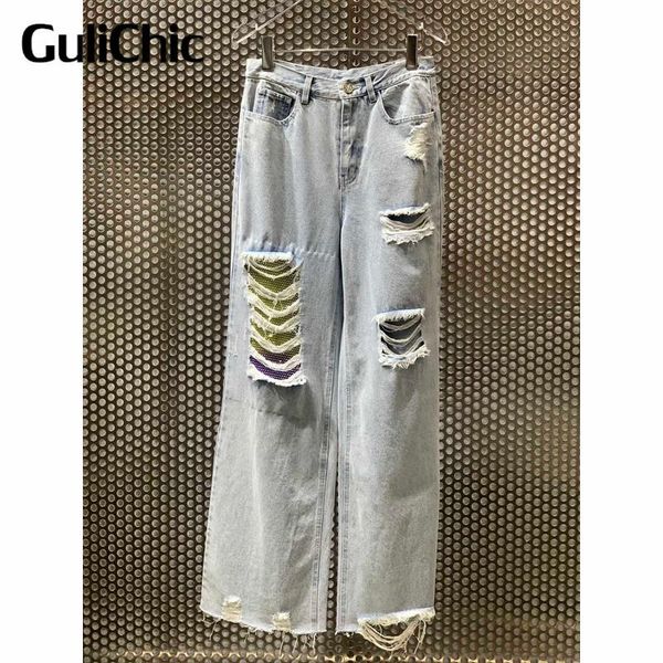 

women's jeans 3.3 waist hole beading cotton straight wide leg female, Blue