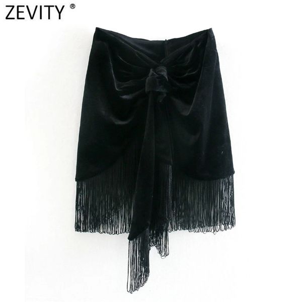 

zevity women fashion black knotted hem tassel casual slim velvet skirt faldas mujer ladies back zipper chic mini vestidos qun705 210629