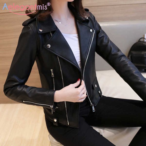 

aelegantmis faux leather jacket women slim short pu coats zipper black turn down collar cropped motorcycle jackets female chic 210607
