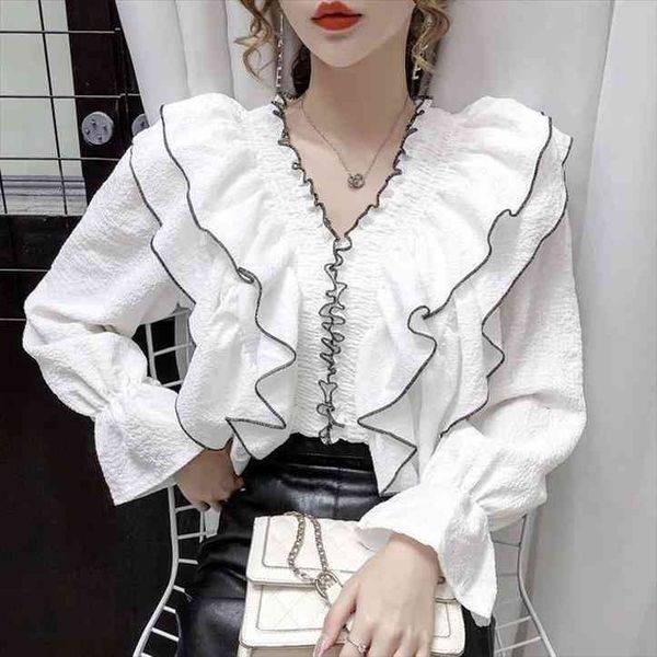 

spring autumn women v-neck ruffled long-sleeved flare sleeve shirt butterfly neck fashion blouses plus size 4xl, White