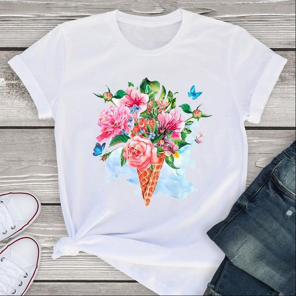 

women graphic short sleeve butterfly flower floral print summer lady womens clothing t shirt tees female t shirt, White