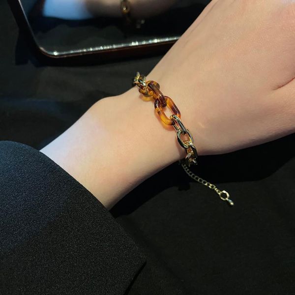 

link, chain aensoa korea geometric transparent leopard bangle metal resin bracelets for women chunky cuban thick amber color bracelet, Black