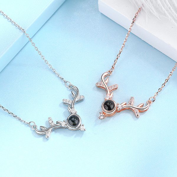 Collana con ciondolo a cuore con corna di cervo Rame bianco placcato oro Memoriale 100 lingue Ti amo Gioielli per donna Girocollo Regalo di San Valentino