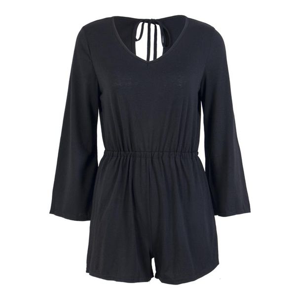 

women's jumpsuits & rompers v-neck black and gray womens playsuit 3/4 sleeve tied waist casual slim backless 2021 vintage autumn shorts, Black;white