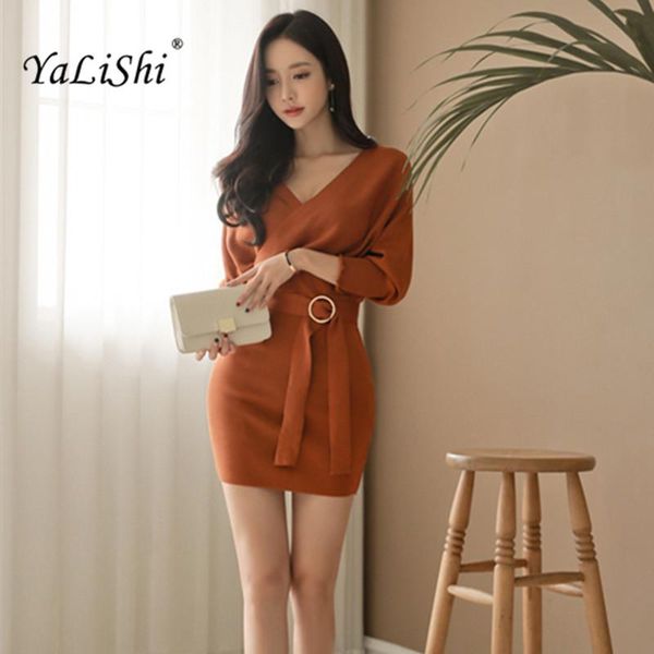 

casual dresses 2021 winter women dress black sashes v-neck long sleeves knitting club party bandage bodycon sweater vestidos, Black;gray