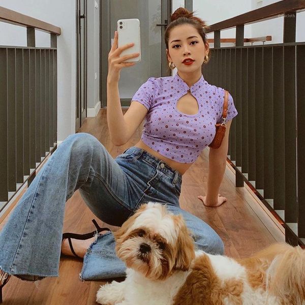 

e-girl summer hollow out front floral cropped y2k vintage o-neck short sleeve flowers purple t-shirts streetwear mujer women's t-shirt, White