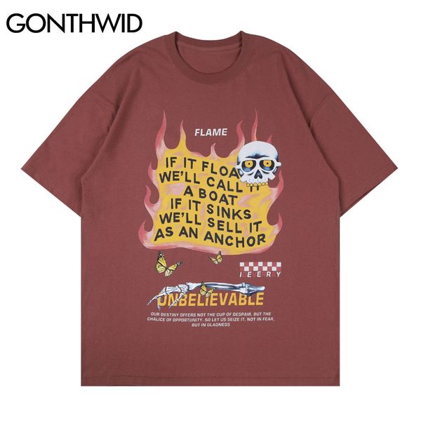 

gonthwid tshirt hip hop streetwear men summer skull butterfly flame print short sleeve t-shirts cotton casual harajuku tees c0315, White;black