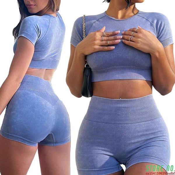 

yoga outfit matte needless set women double crop shirt shorts sportsuit workout fitness sport gym wear clothing