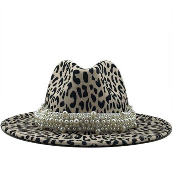 Fedora-Hut für Männer und Frauen, Leopardenmuster, Perlenband, Gürtel, Winterhüte, Western-Cowboy, lässig, Vintage, luxuriös, schwarz, weiß, Panama-Frauenhut