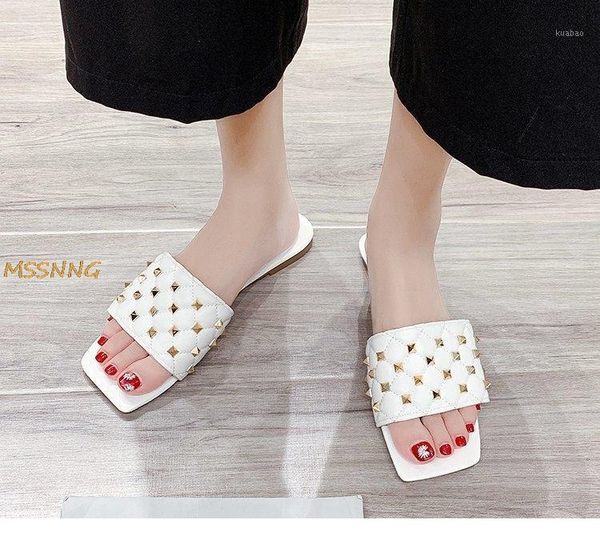 

summer women's slippers fashion rivet square toe anti slip ladies shoes beach peep flat comfortable women big size1, Black