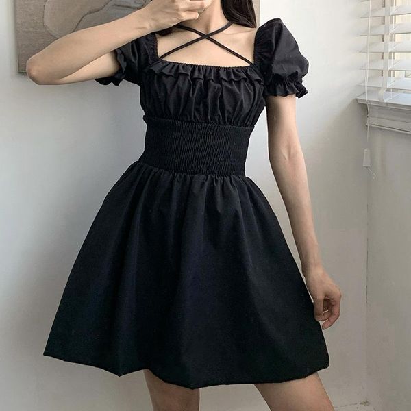 

casual dresses houzhou gothic women dress dark black goth harajuku mini kawaii puff sleeve backless bandage partywear streetwear, Black;gray