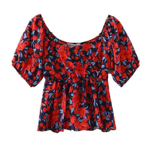 

women's blouses & shirts 2021 all match printed flowers chic summer slim high waist ruffles puff sleeves, White