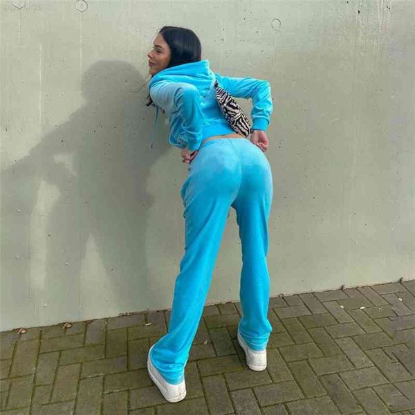

luxurysolid velvet training suit women's broek secondary sports pack rits up long mouwen crop jas and bell bottom velour's 2nd pie, Gray