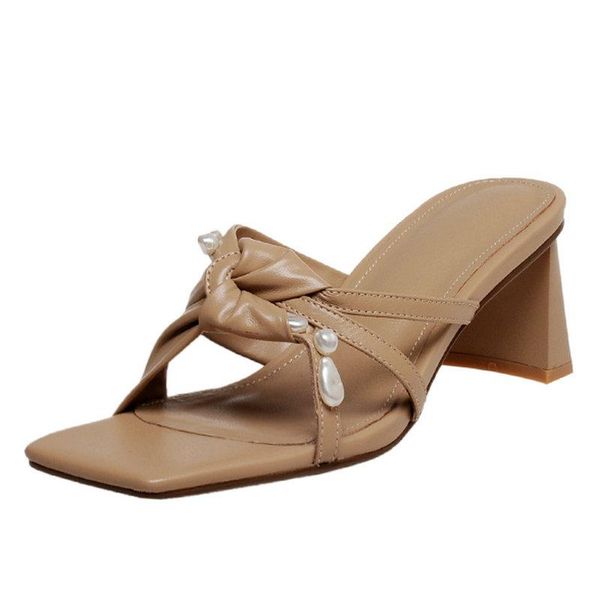 

slippers summer high heels women mules 2021 spring thick pumps for genuin leather working shoes woman, Black