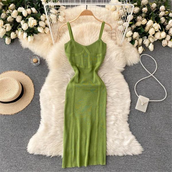 

casual dresses women basic elastic knitted dress summer skinny sling midi fashion sundress chic vestidos female clothing 2021, Black;gray