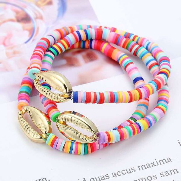 

gold shell beaded bracelet women boho friendship colorful soft pottery bracelet polymer clay rainbow bracelets gift for girls, Golden;silver