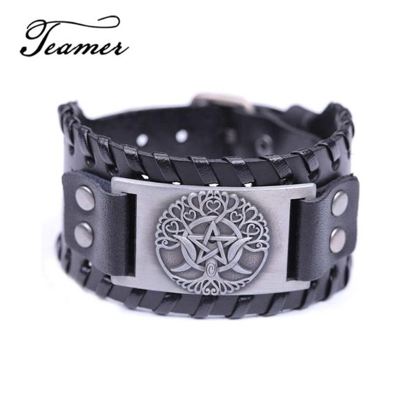 Braccialetti con ciondoli Teamer Brand Easy Buckle Wide Leather Tree Of Life Triple Moon Goddess Bracciale Pentagram Wiccan Amulet MTeen Bangle