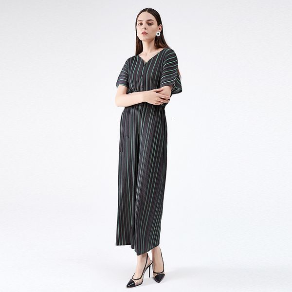 

2021 new pleated women summer overalls cardigan button loose shoulder v-neck black jumpsuit green line beauty b8xf, White