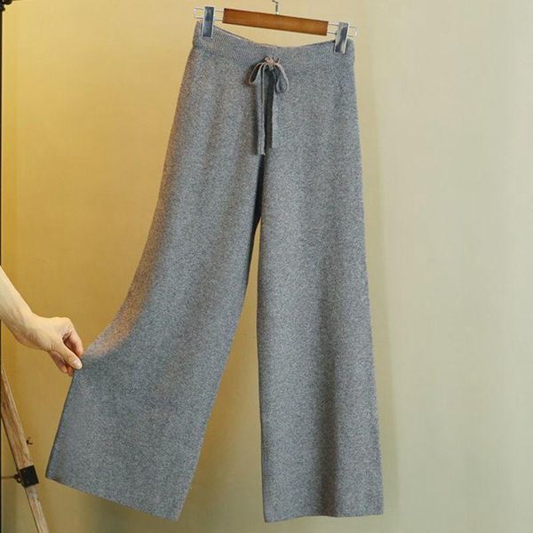 

women's pants & capris autumn thick high waist grey knitted wide leg drop pantalones de mujer straight all-match loose bottoms stretch, Black;white