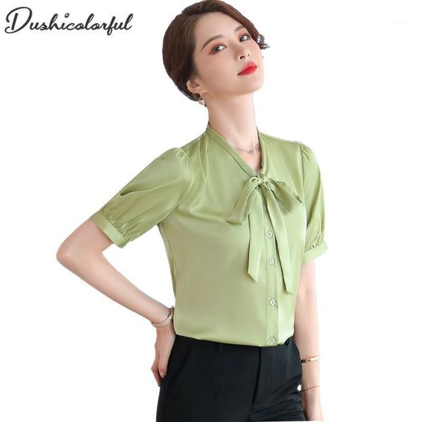 

women's blouses & shirts summer chiffon blouse women short sleeve bow tie work wear elegant lady casual blusas plus size, White