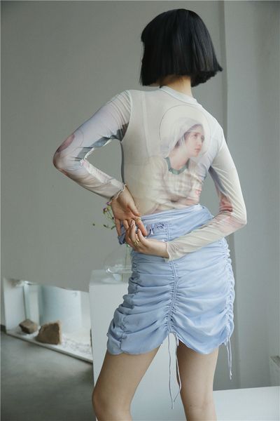 

2021 new ruched satin women high waist rose patch mini ladies skirt blue drawstring summer skirts fashion qv7y, Black