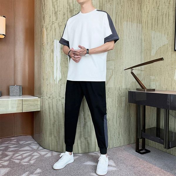 

men's tracksuits 2021 summer sports suit cotton stitching coat fashionable youth handsome two sets of fashion, Gray